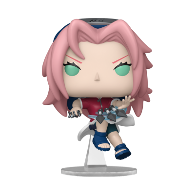 Figura Funko Pop de personagem anime com cabelo rosa e roupa vermelha e azul