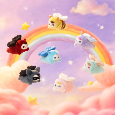 Peluches coloridos voando em cenário de arco-íris e nuvens cor-de-rosa