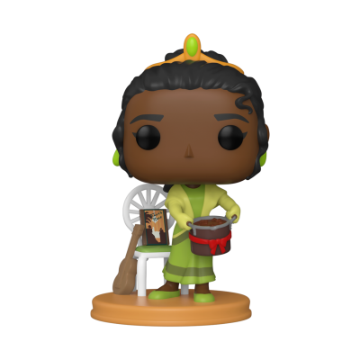 Boneca Funko Pop de personagem feminina com vestido verde segurando um pote e colher, com cadeira branca ao fundo.