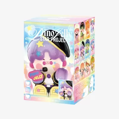 Caixa colorida com figura colecionável Pino Jelly e texto PINO JELLY STAR PROJECT