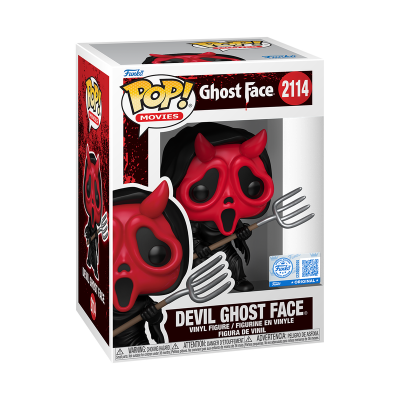 Figura Funko Pop Ghost Face com máscara vermelha e chifres dentro da embalagem