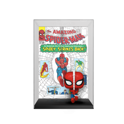 Figura Funko Pop do Spider-Man com fundo de banda desenhada 'The Amazing Spider-Man' numa embalagem transparente.