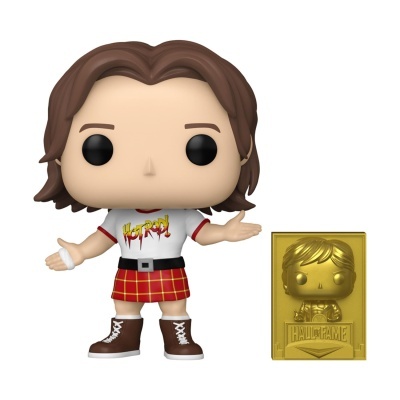 Boneco Funko Pop com saia xadrez e placa dourada
