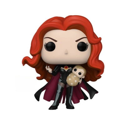 Figura colecionável Funko Pop com cabelo vermelho e roupa preta, segurando boneco de pelúcia