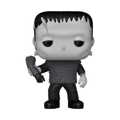 Figura colecionável Funko Pop de Frankenstein cinza e preto segurando um braço