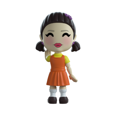 Figura de brinquedo colecionável de menina em vestido laranja e camiseta amarela