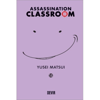 Capa do livro ASSASSINATION CLASSROOM volume 15, lilás com rosto sorridente e texto em preto e vermelho.