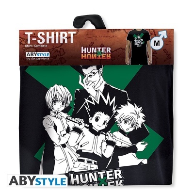 T-shirt preta Hunter x Hunter tamanho M com estampa de personagens e embalagem