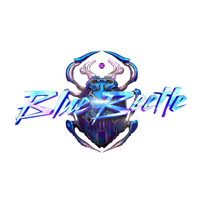 Escaravelho estilizado azul metálico com texto Blue Beetle em azul brilhante