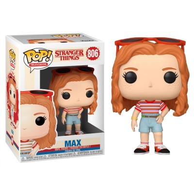 Figura Funko Pop! de Max de Stranger Things com roupa colorida e caixa ao lado