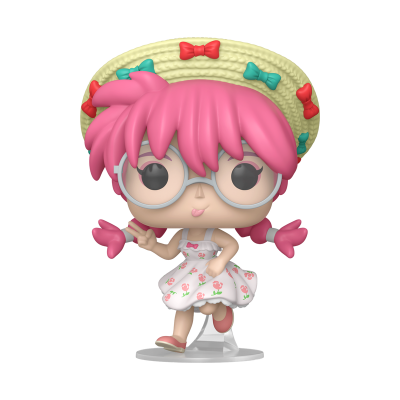 Figura Funko Pop com cabelo rosa, vestido branco de rosas e chapéu amarelo com laços coloridos
