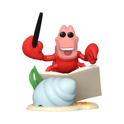 Figura de caranguejo vermelho com caneta e livro, concha azul e base amarela clara