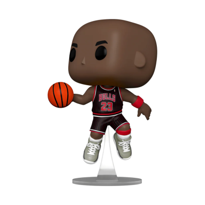 Figura Funko Pop jogador de basquetebol com fato preto e vermelho e bola laranja