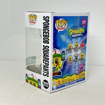 Caixa branca de Funko Pop! com personagens SpongeBob SquarePants e texto em inglês.