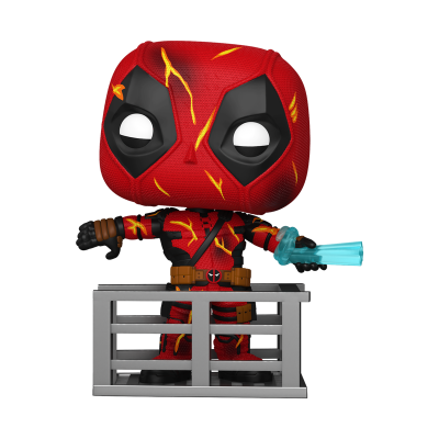 Figura Funko Pop do Deadpool com máscara vermelha e preta, fato vermelho, arma azul e suporte metálico