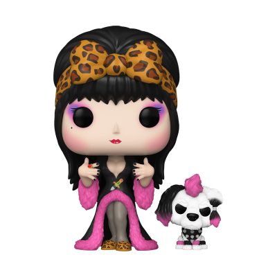 Figura Funko Pop de mulher com fita de leopardo e casaco preto e rosa ao lado de cão estilizado