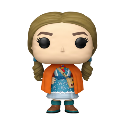 Figura Funko Pop de personagem feminina com capa laranja e vestido azul
