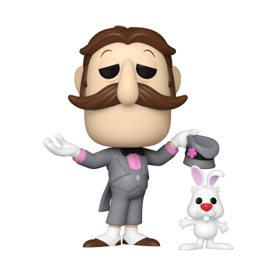 Boneco mágico cinzento com gravata rosa segurando coelho branco com nariz vermelho e cartola cinzenta