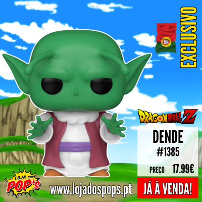 Figura Funko Pop! Dende Dragon Ball Z em fundo com céu azul e nuvens.