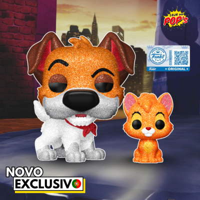 Duas figuras colecionáveis Funko Pop de cão e gato brilhantes num cenário urbano ao pôr do sol