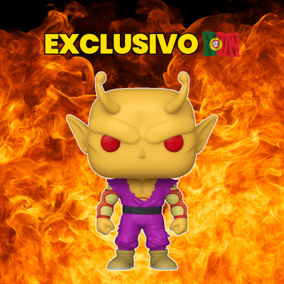 Figura colecionável de vinil de personagem amarelo com olhos vermelhos em fundo de chamas