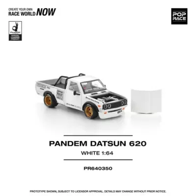 Miniatura de carro branco Pandem Datsun 620 escala 1:64 com capô aberto
