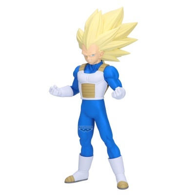 Figura colecionável de personagem com cabelo amarelo e roupa azul e branca