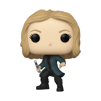 Figura Funko Pop de personagem feminina com cabelo loiro e casaco azul esverdeado
