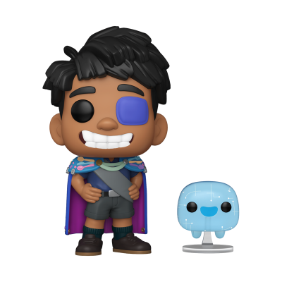 Figura Funko Pop personagem com capa azul e figura azul pequena