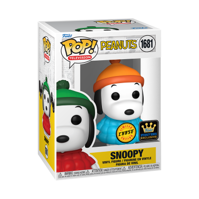 Funko Pop! Snoopy Peanuts número 1681 com duas versões, casacos e chapéus coloridos em embalagem branca com janela.