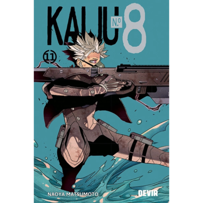 Capa do livro Kaiju Nº 8 com personagem armado e fundo azul