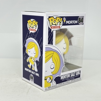 Caixa Funko Pop! Morton Salt Girl número 84 com fundo azul escuro e ilustração da personagem.