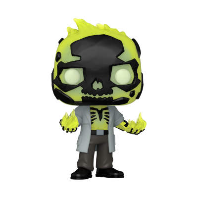 Figura estilizada Funko Pop com cabeça translúcida amarela e detalhes pretos de caveira