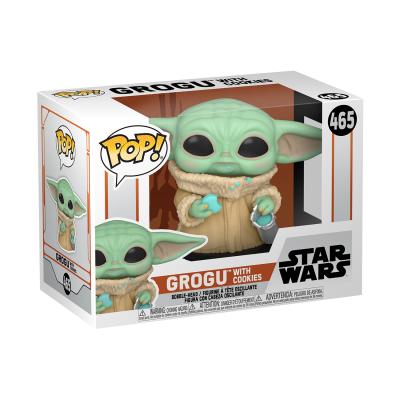 Figura Funko Pop! de Grogu com cookies em caixa de embalagem branca com detalhes laranja e preto.