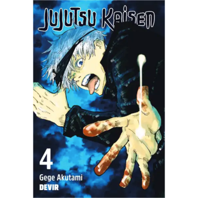 Capa do livro Jujutsu Kaisen volume 4 com personagem ilustrado em azul e preto
