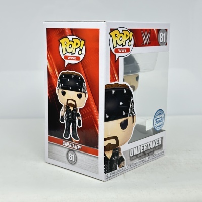 Caixa Funko Pop! branca com figura WWE Undertaker e detalhes vermelhos.