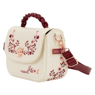 Bolsa creme com bordados florais vinho e rosa e alça trançada vinho
