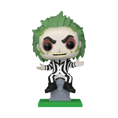 Figura Funko Pop Beetlejuice com cabelo verde, riscas pretas e brancas, sentado numa lápide.