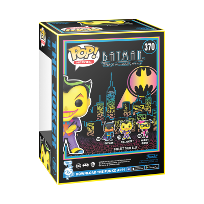 Caixa Funko Pop! Heroes Batman número 370 com personagens e arte da cidade de Gotham