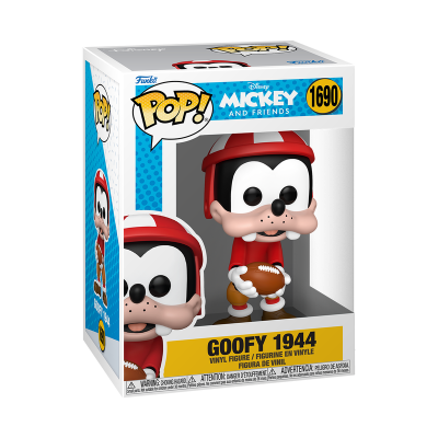 Figura Funko Pop Goofy 1944 com capacete vermelho e bola de futebol americano na caixa
