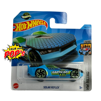 Carrinho Hot Wheels Solar Reflex azul com detalhes verdes e preto na embalagem azul