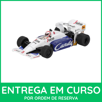Miniatura de carro de Fórmula 1 branco e azul com logótipos