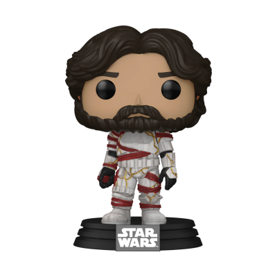 Boneco Funko Pop de personagem de Star Wars com roupa branca e vermelha e base preta
