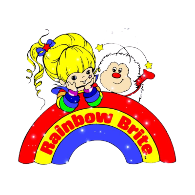 Personagens de desenho animado com arco-íris e texto Rainbow Brite