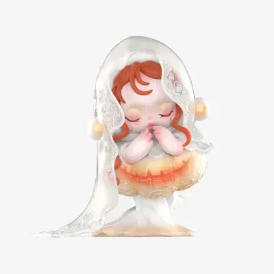 Estatueta de menina com véu transparente e saia volumosa em tons laranja e amarelo