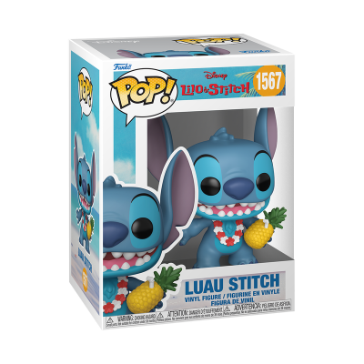 Figura Stitch Pop! em traje Luau com abacaxi na caixa