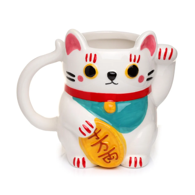 Caneca de cerâmica em forma de gato branco Maneki-neko colorido