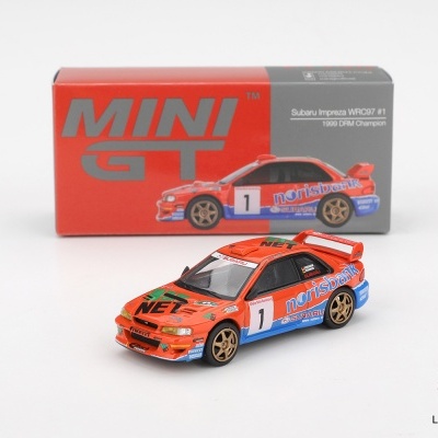 Miniatura de carro Subaru Impreza WRC97 vermelho azul e preto com caixa