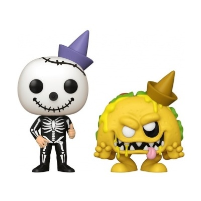 Figuras de brinquedo Funko Pop esqueleto e personagem amarelo com chapéu de festa