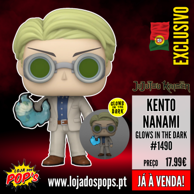 Funko Pop de Kento Nanami com óculos e efeito de chamas azuis, anunciado com texto de preço e exclusividade
